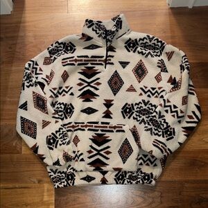 Unisex Zaful Cream and Black Geometric Zip Up Sweater